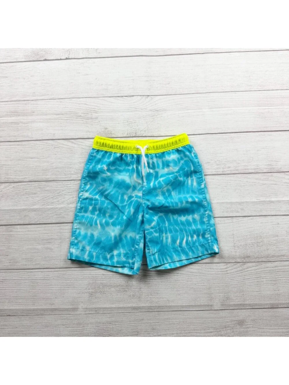 Lands End Blue Tie Dye Swim Trunks Neon Yellow Elastic Waist Mesh Liner XS 4-5